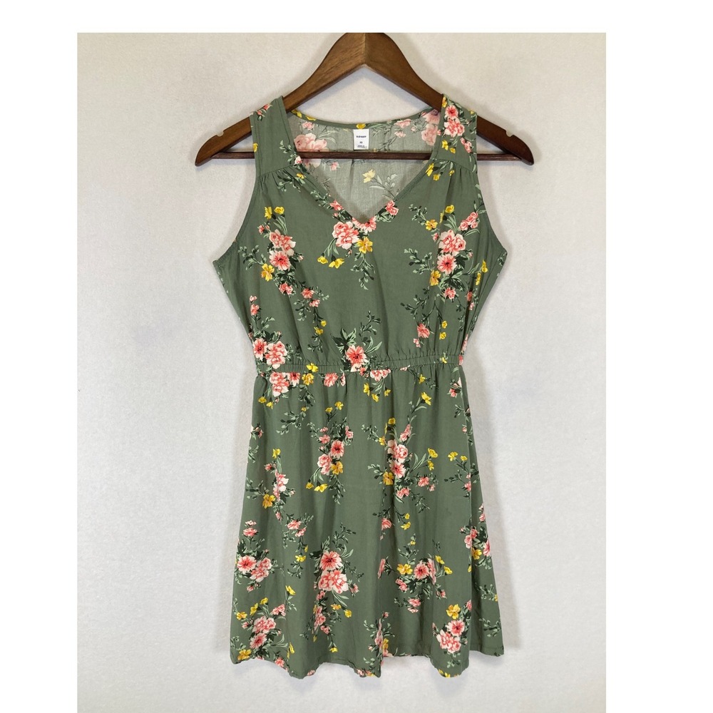 Cottagecore Old Navy Women‎ XS Green Floral Sleeveless Elastic Waist Mini Dress